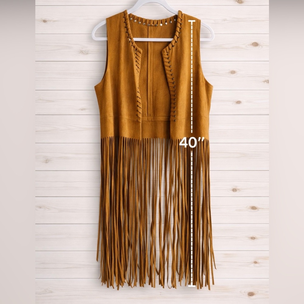 Boho Faux Suede Camel Long Fringe Western Festival Duster ~ Size Large - Picture 10 of 16